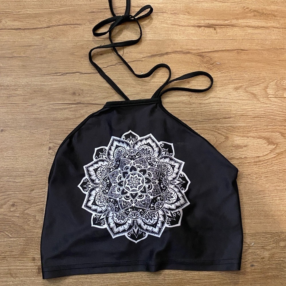 Chic Black Halter Top with White Mandala